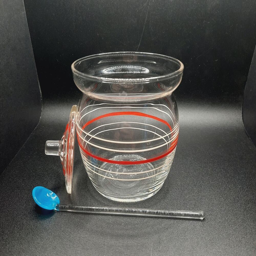 Vintage Mid-Century Red & White Striped Honey Jam Jar Pot Lid Glass Spoon - Picture 10 of 10